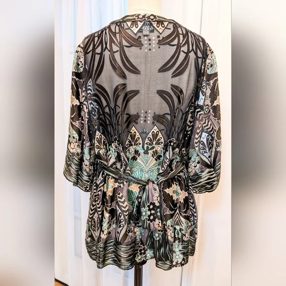Eci 1X silk burnout tunic top tie backs fit & flare blue brown sheer Boho blouse - Picture 3 of 6